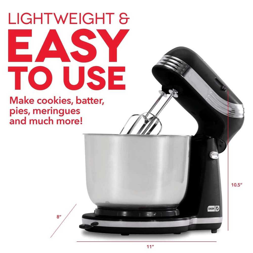 Dash Everyday Light Weight Black Stand Mixer 6 Speeds 3 Qt Bowl 250 Watts NIB